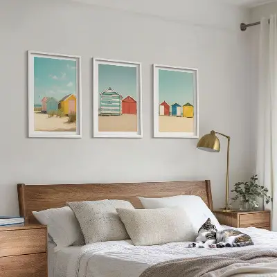 Wall art set colorful houses by the beach under the sun