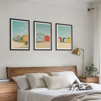 Wall art set colorful houses by the beach under the sun