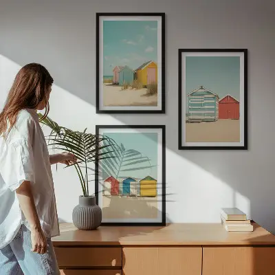 Wall art set colorful houses by the beach under the sun
