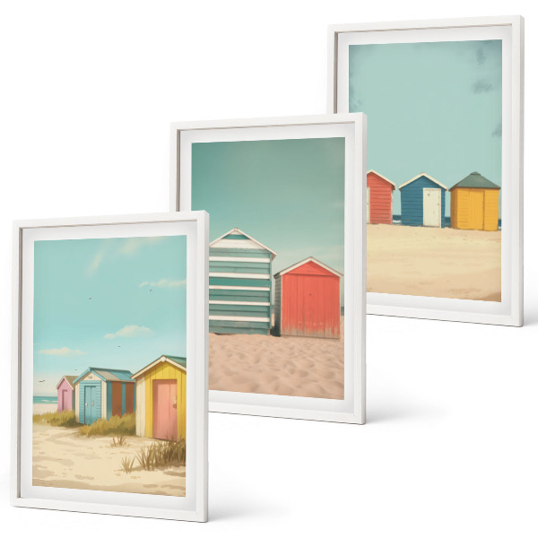 Three-piece wall art piece Colorful houses beach sun