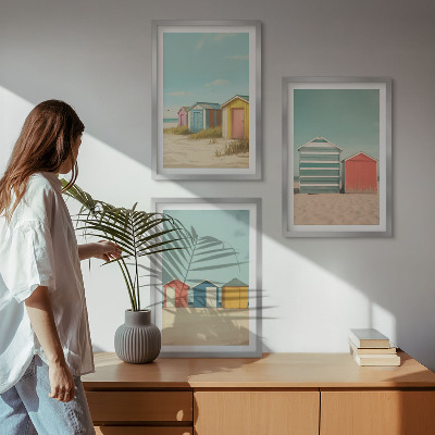 Three-piece wall art piece Colorful houses beach sun