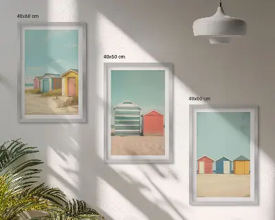 Three-piece wall art set colorful beach houses with a sunny sky