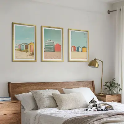 Three-piece wall art set colorful beach houses with a sunny sky