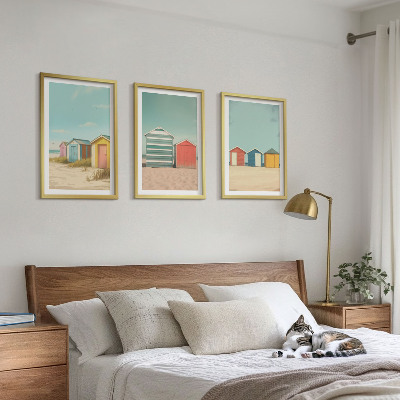 Three-piece wall art piece Colorful houses beach sun