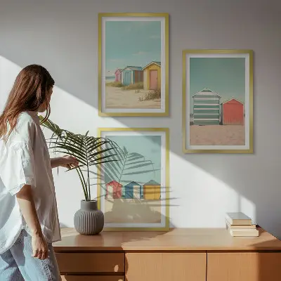 Three-piece wall art set colorful beach houses with a sunny sky
