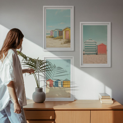 Three-piece wall art piece Colorful houses beach sun