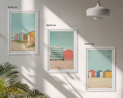 Three-piece wall art piece Colorful houses beach sun