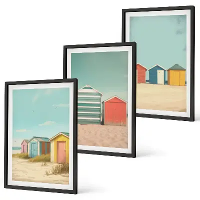 Three-piece wall art set colorful beach houses with a sunny sky