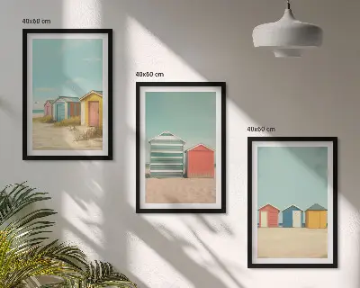 Three-piece wall art set colorful beach houses with a sunny sky