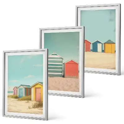 Three-piece wall art set colorful beach houses with a sunny sky