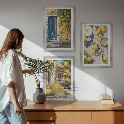Set of 3 framed wall art pieces Lemon Garden with Drinks