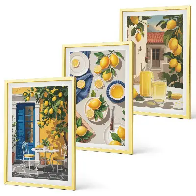 Lemon Garden with Drinks set of 3 framed wall art pieces