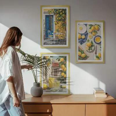 Lemon Garden with Drinks set of 3 framed wall art pieces