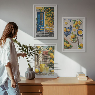 Set of 3 framed wall art pieces Lemon Garden with Drinks