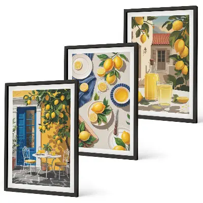 Lemon Garden with Drinks set of 3 framed wall art pieces