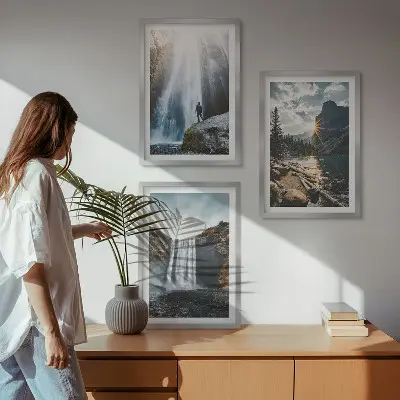 Wall art set featuring waterfalls, mountains, and nature landscapes