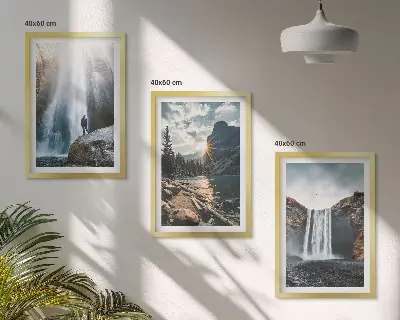 Wall art set featuring waterfalls, mountains, and nature landscapes