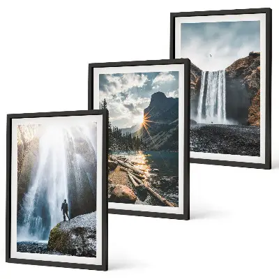 Wall art set featuring waterfalls, mountains, and nature landscapes