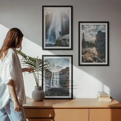 Wall art set featuring waterfalls, mountains, and nature landscapes