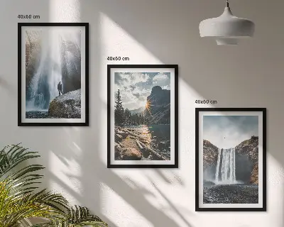 Wall art set featuring waterfalls, mountains, and nature landscapes