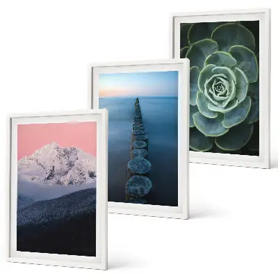 Three-piece wall art set featuring a mountain landscape with a pink sky and succulent plants