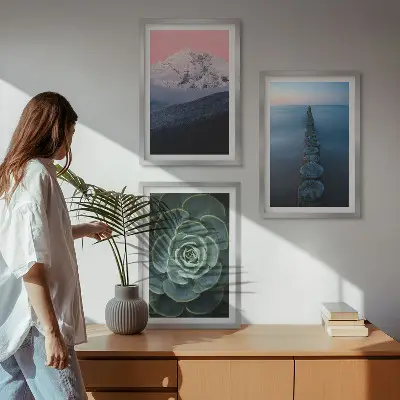 Three-piece wall art set featuring a mountain landscape with a pink sky and succulent plants