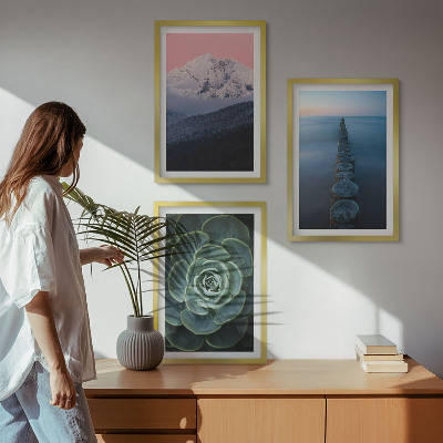 Three-piece wall art piece Mountains pink sky water succulent