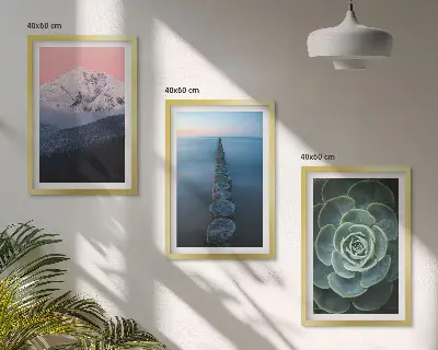 Three-piece wall art set featuring a mountain landscape with a pink sky and succulent plants