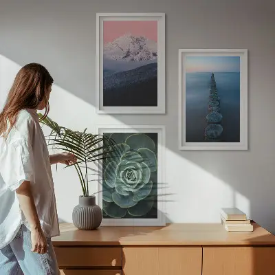 Three-piece wall art set featuring a mountain landscape with a pink sky and succulent plants