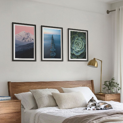Three-piece wall art piece Mountains pink sky water succulent