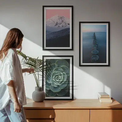 Three-piece wall art set featuring a mountain landscape with a pink sky and succulent plants