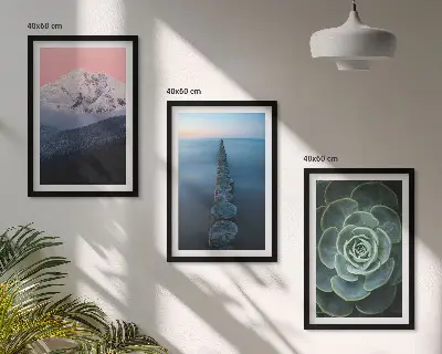 Three-piece wall art set featuring a mountain landscape with a pink sky and succulent plants