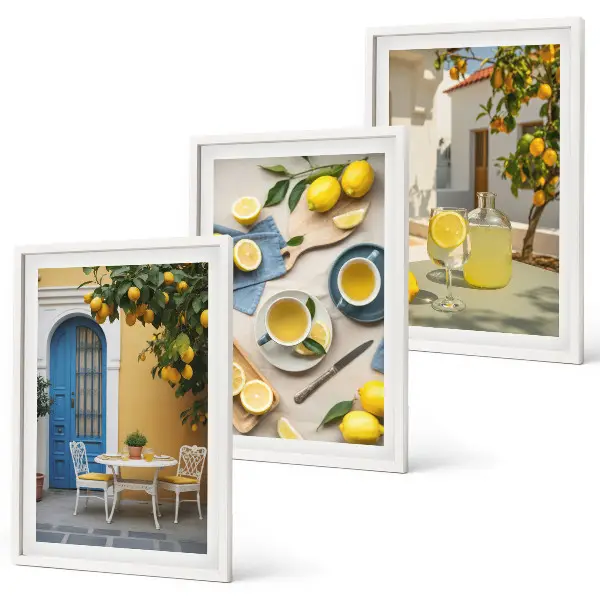 Wall art set featuring lemons, lemonade, and a blue door