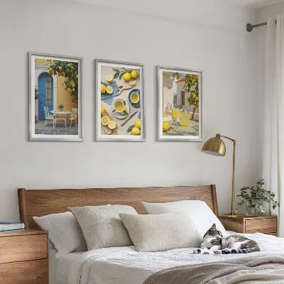 Wall art set featuring lemons, lemonade, and a blue door
