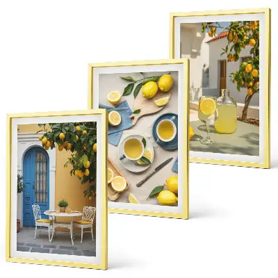 Wall art set featuring lemons, lemonade, and a blue door