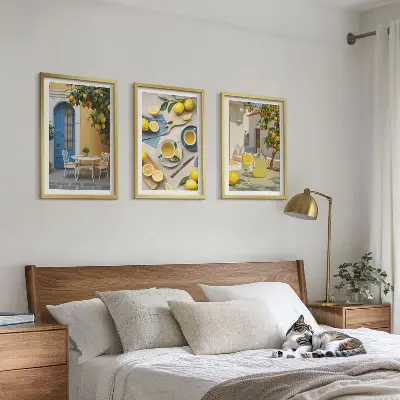 Wall art set featuring lemons, lemonade, and a blue door