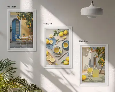 Wall art set featuring lemons, lemonade, and a blue door