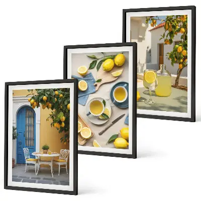 Wall art set featuring lemons, lemonade, and a blue door