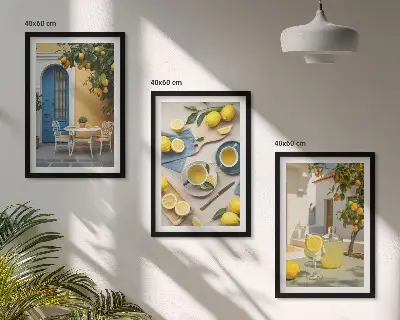 Wall art set featuring lemons, lemonade, and a blue door