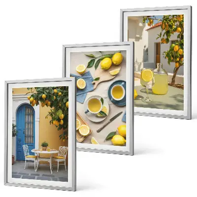 Wall art set featuring lemons, lemonade, and a blue door