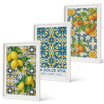 Set of 3 framed wall art pieces Lemons, oranges, flowers, Italy
