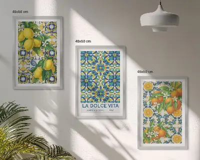 Set of 3 framed wall art prints featuring lemons, oranges, and flowers in an Italian style