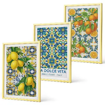 Set of 3 framed wall art prints featuring lemons, oranges, and flowers in an Italian style