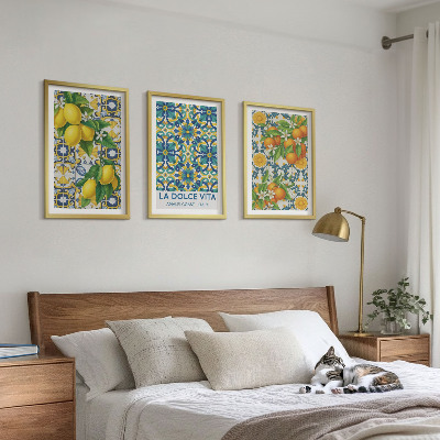 Set of 3 framed wall art pieces Lemons, oranges, flowers, Italy