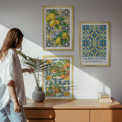 Set of 3 framed wall art pieces Lemons, oranges, flowers, Italy
