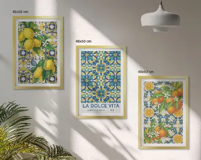Set of 3 framed wall art prints featuring lemons, oranges, and flowers in an Italian style