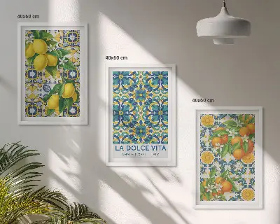 Set of 3 framed wall art prints featuring lemons, oranges, and flowers in an Italian style