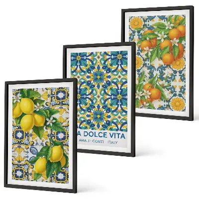 Set of 3 framed wall art prints featuring lemons, oranges, and flowers in an Italian style