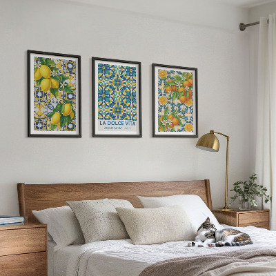 Set of 3 framed wall art pieces Lemons, oranges, flowers, Italy