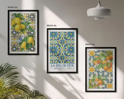 Set of 3 framed wall art prints featuring lemons, oranges, and flowers in an Italian style